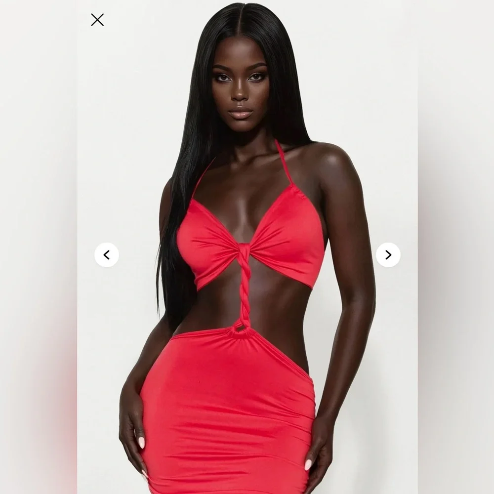 Fashion Nova Red Cutout Ruched Midi Dress - Picture 2 of 3